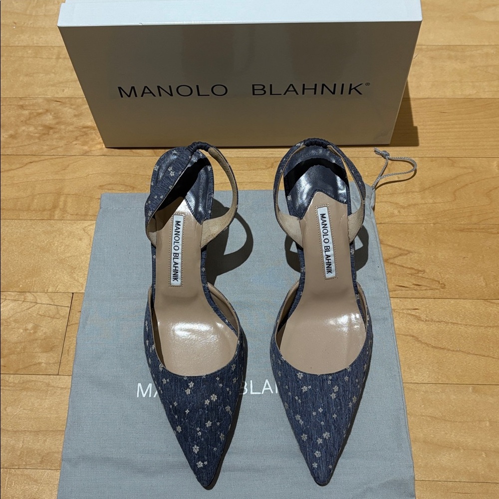 Manolo Blahnik Denim Heels with white flowers